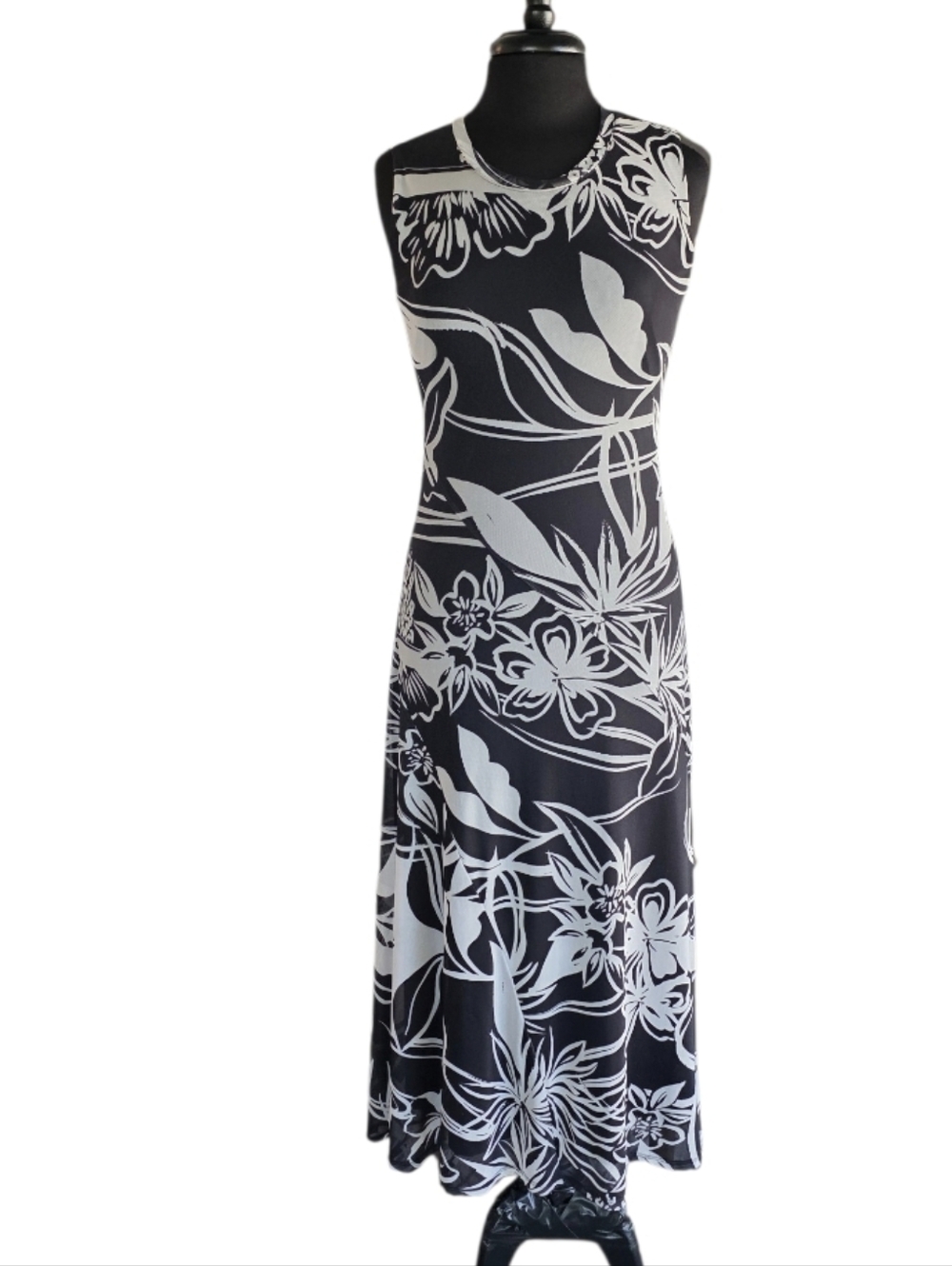 Rachel Zoe Mesh Tropical Vacation Black & White Floral Sleeveless Maxi Dress
